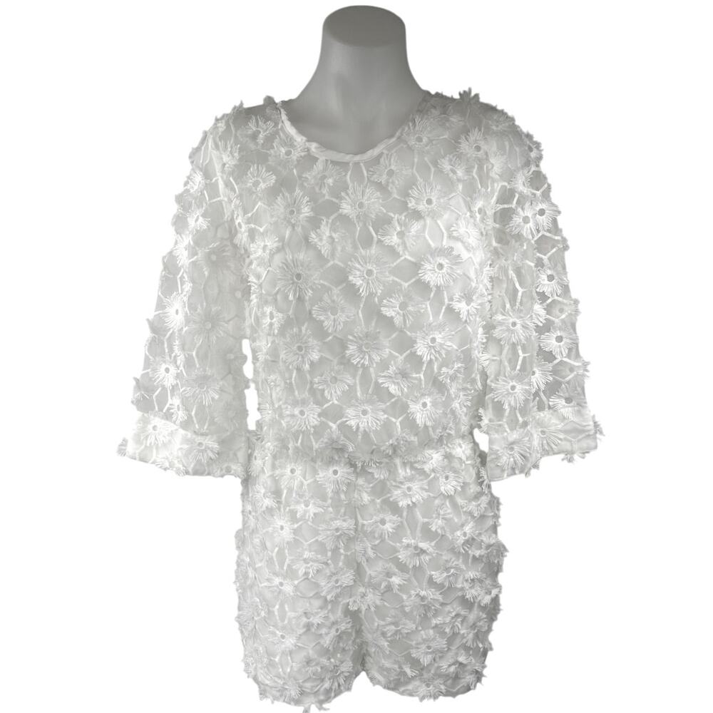 H&M White 3D Floral 3/4 Sleeve Embroidered Mesh Bridal Romper Shorts Size 2